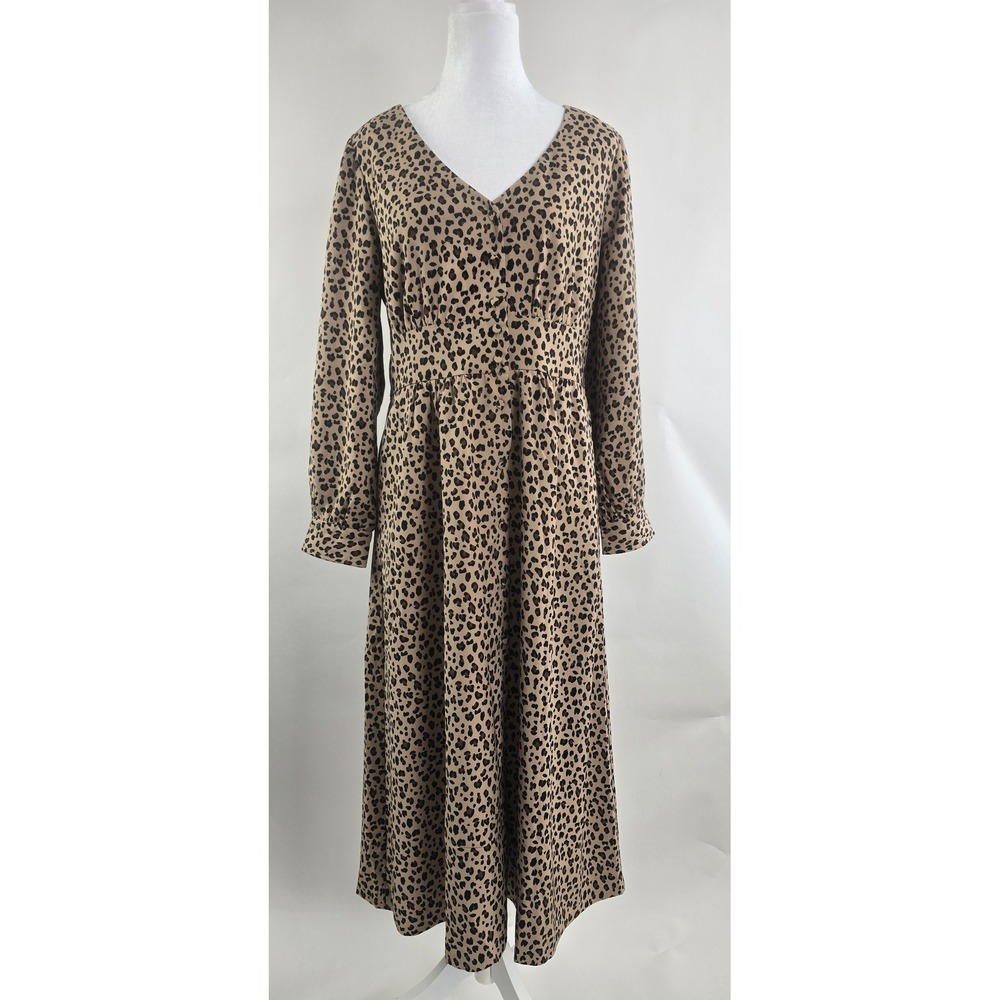 J.Crew Women Leopard Print V-Neck Empire Waist Midi Dress‎ Tan Black Size 8